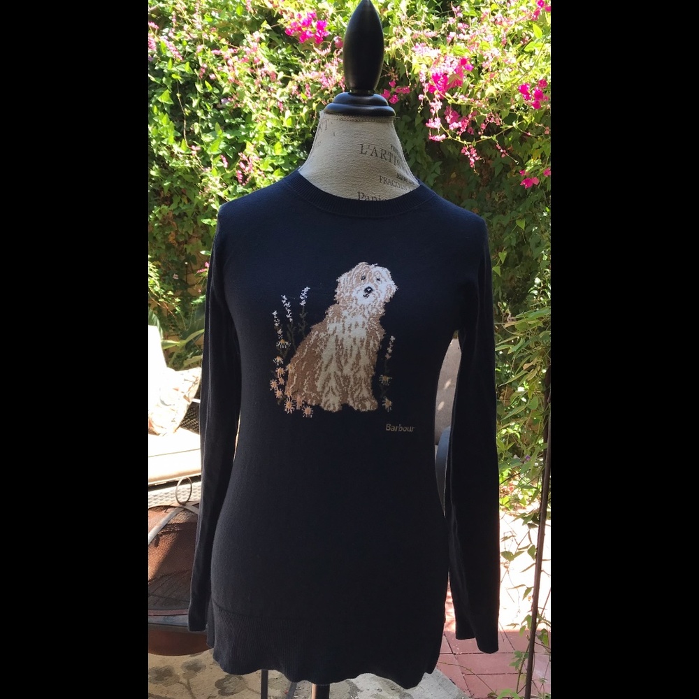 BARBOUR Scarce Shaggy GoldenDoodle Daisies Midnight Navy Cashmere Sweate… - Picture 2 of 8